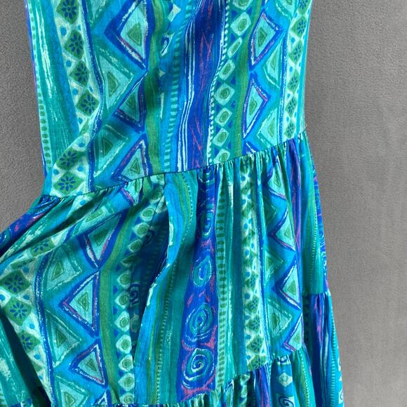 Vtg 80s 90s Two Potato Blue Artsy Midi Tiered Tie Shoulder Dress M Resort Wear - Picture 7 of 16